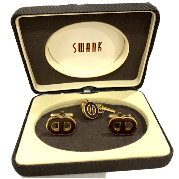Vintage Swank jewelry set mens cufflinks and tie tack goldtone dark brown enamel - Picture 1 of 7